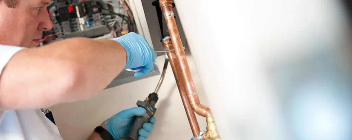 Water heater repair technician testing copper pipe connections and controls in Dallas, TX